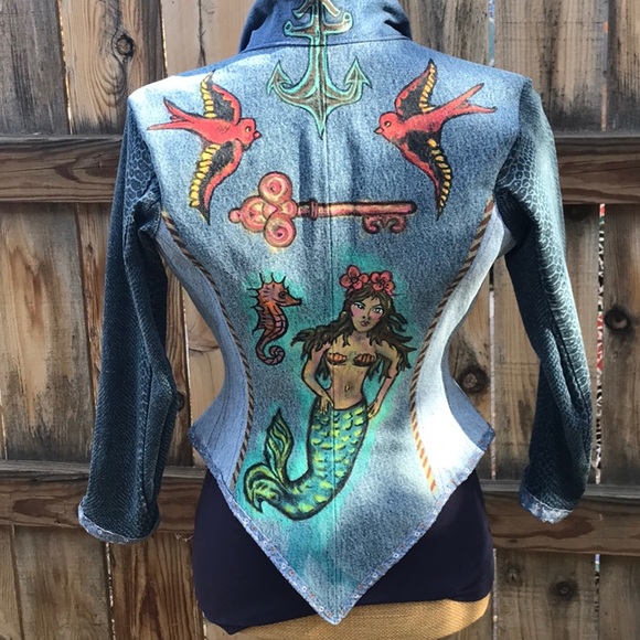 Boutique item, handmadeVictorian style jean jacket w/ flash tattoo art.